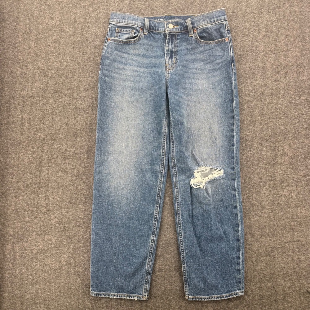 Old Navy Womens Mid-Rise Boyfriend Loose Distressed Jeans Blue Size 4 Crop